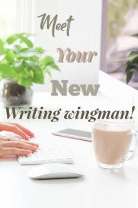 At home office set up with text " Your new writing wingman".