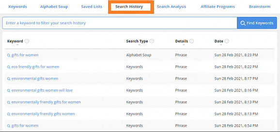 Jaaxy Keyword Research Tool - Previous Search History